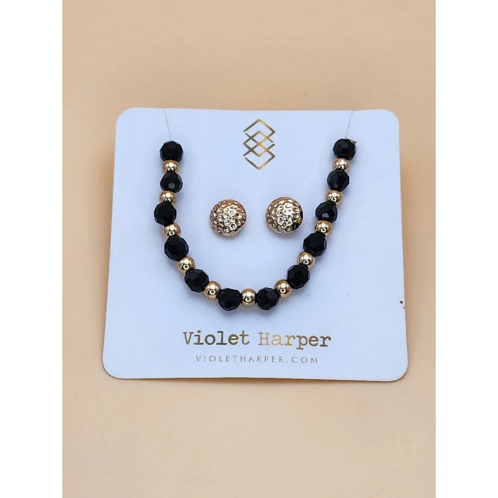 New VIOLET HARPER Signed Black & Gold Textured Necklace & Earrings Set FREE $HIP